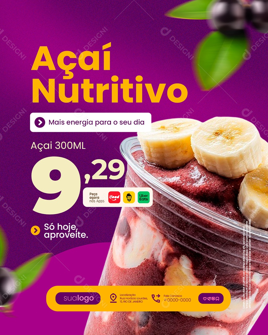 Açaiteria Açaí Nutritivo Mais Energia para o Seu Dia Social Media PSD Editável