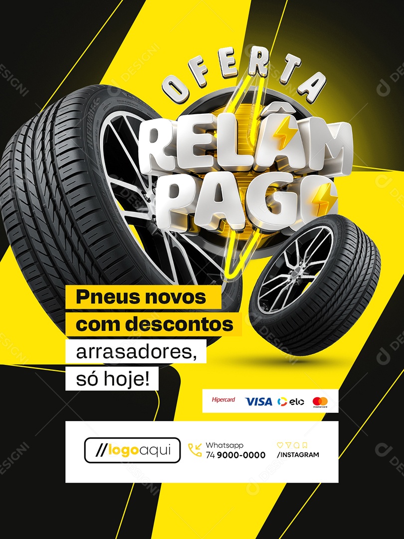 Loja de Pneus Oferta Relâmpago Pneus Novos com Descontos Social Media PSD Editável