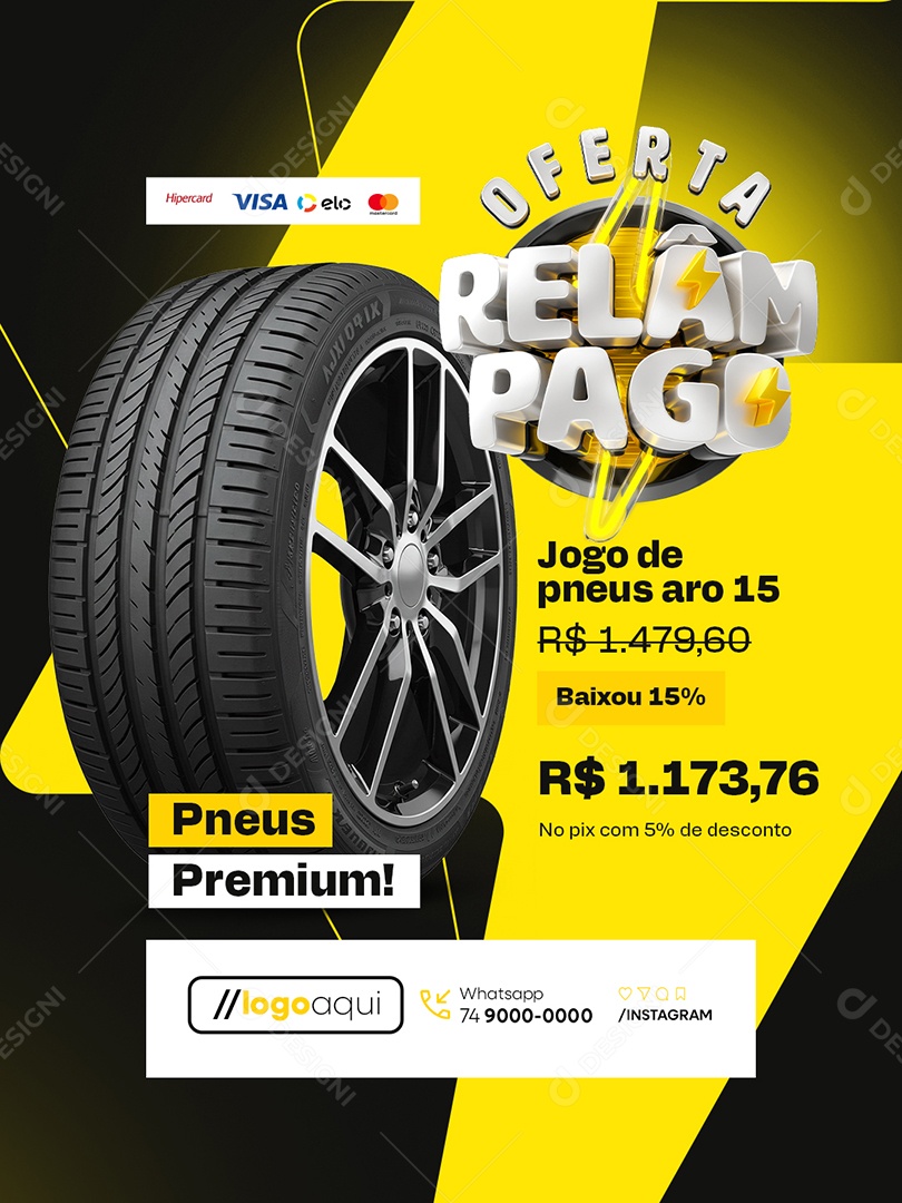 Loja de Pneus Oferta Relâmpago Jogo de Pneus Aro 15 Social Media PSD Editável