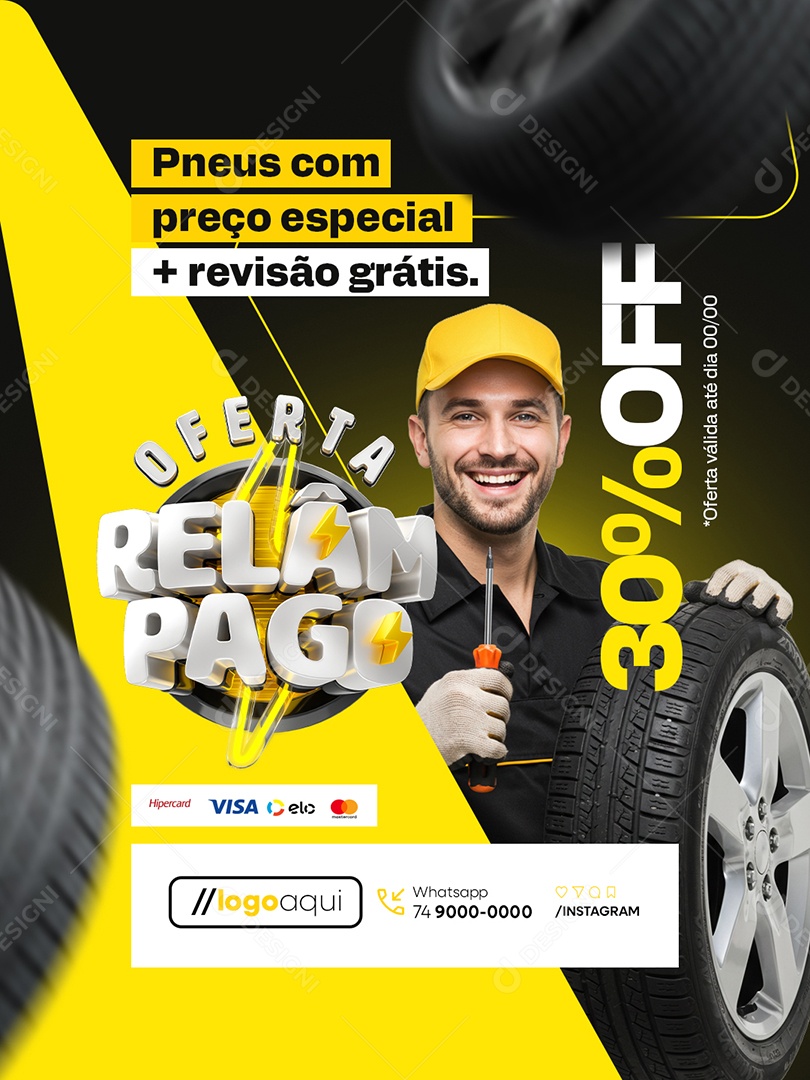 Loja de Pneus Oferta Relâmpago Preço Especial Revisão Grátis Social Media PSD Editável