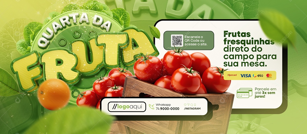 Banner Quarta da Fruta Hortifruti Tomates Frutas Fresquinhas Social Media PSD Editável