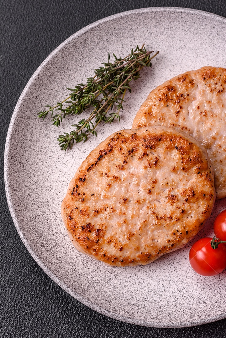 A imagem mostra chuletas de porco grelhadas, acompanhadas de ramos de tomilho e tomates cereja.