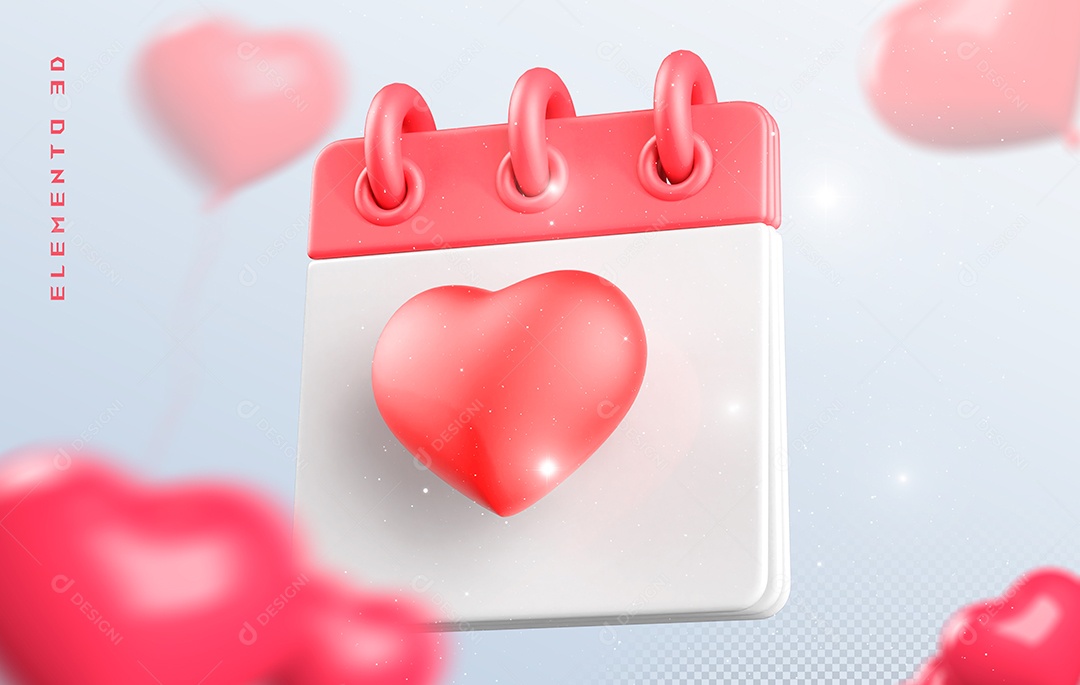 Calendário om Coração Elemento 3D Rosa e Branco Para Composição PSD
