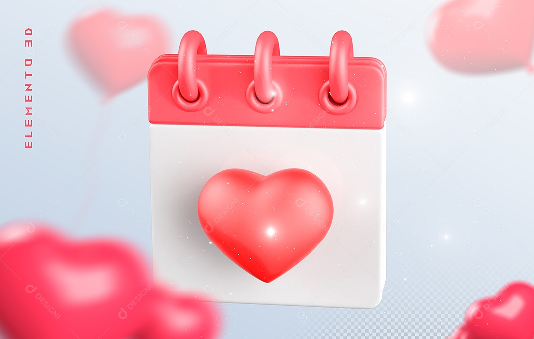 Calendário Com Coração Elemento 3D Rosa e Branco Para Composição PSD
