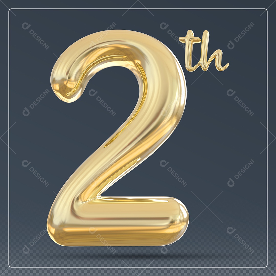 Elemento 3D Número 2 Th Dourado para Composição PSD
