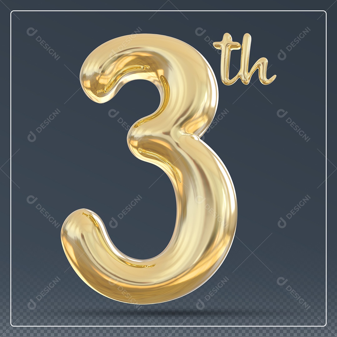 Elemento 3D Número 3 Th Dourado para Composição PSD
