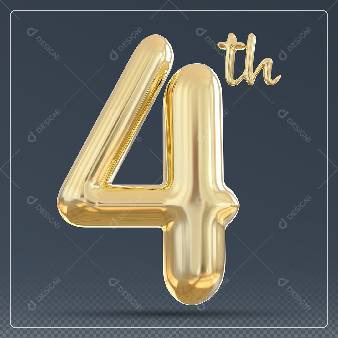 Elemento 3D Número 4 Th Dourado para Composição PSD