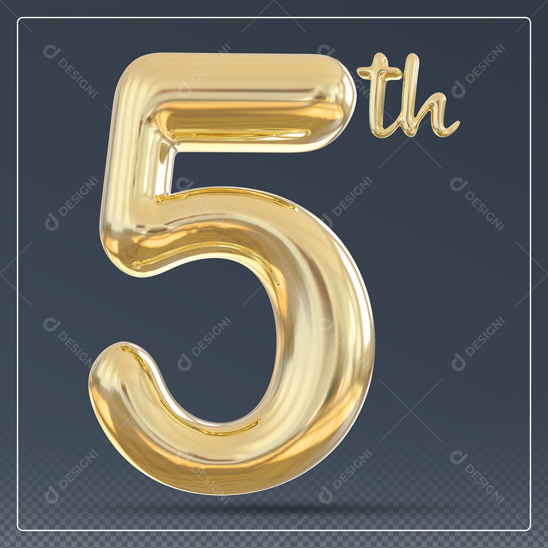 Elemento 3D Número 5 Th Dourado para Composição PSD
