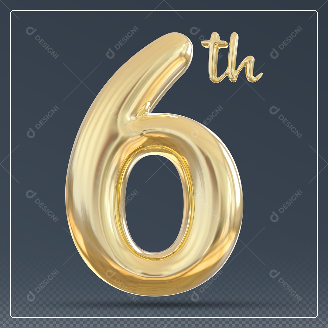Elemento 3D Número 6 Th Dourado para Composição PSD
