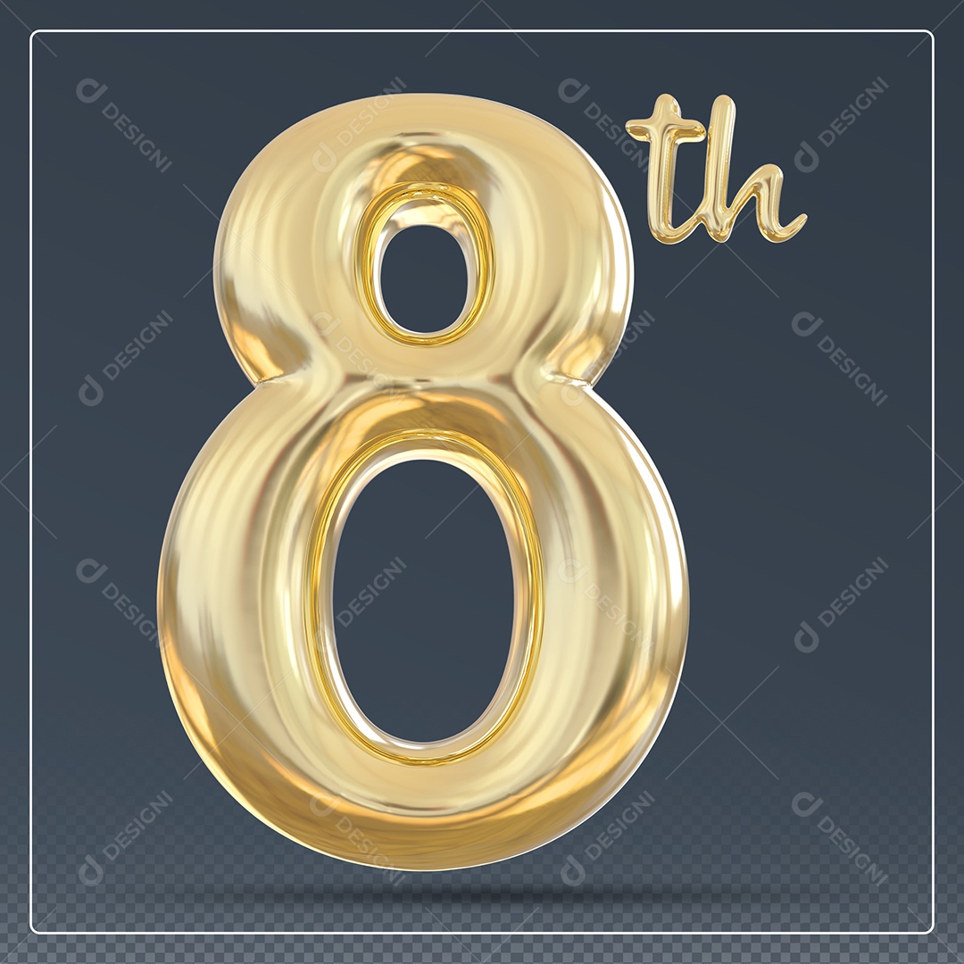 Elemento 3D Número 8 Th Dourado para Composição PSD
