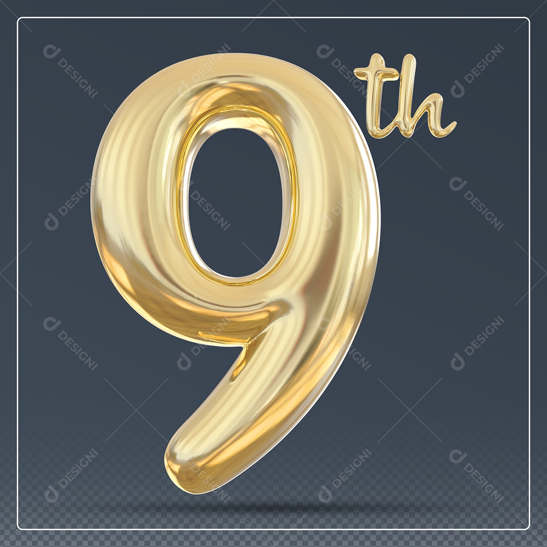 Elemento 3D Número 9 Th Dourado para Composição PSD