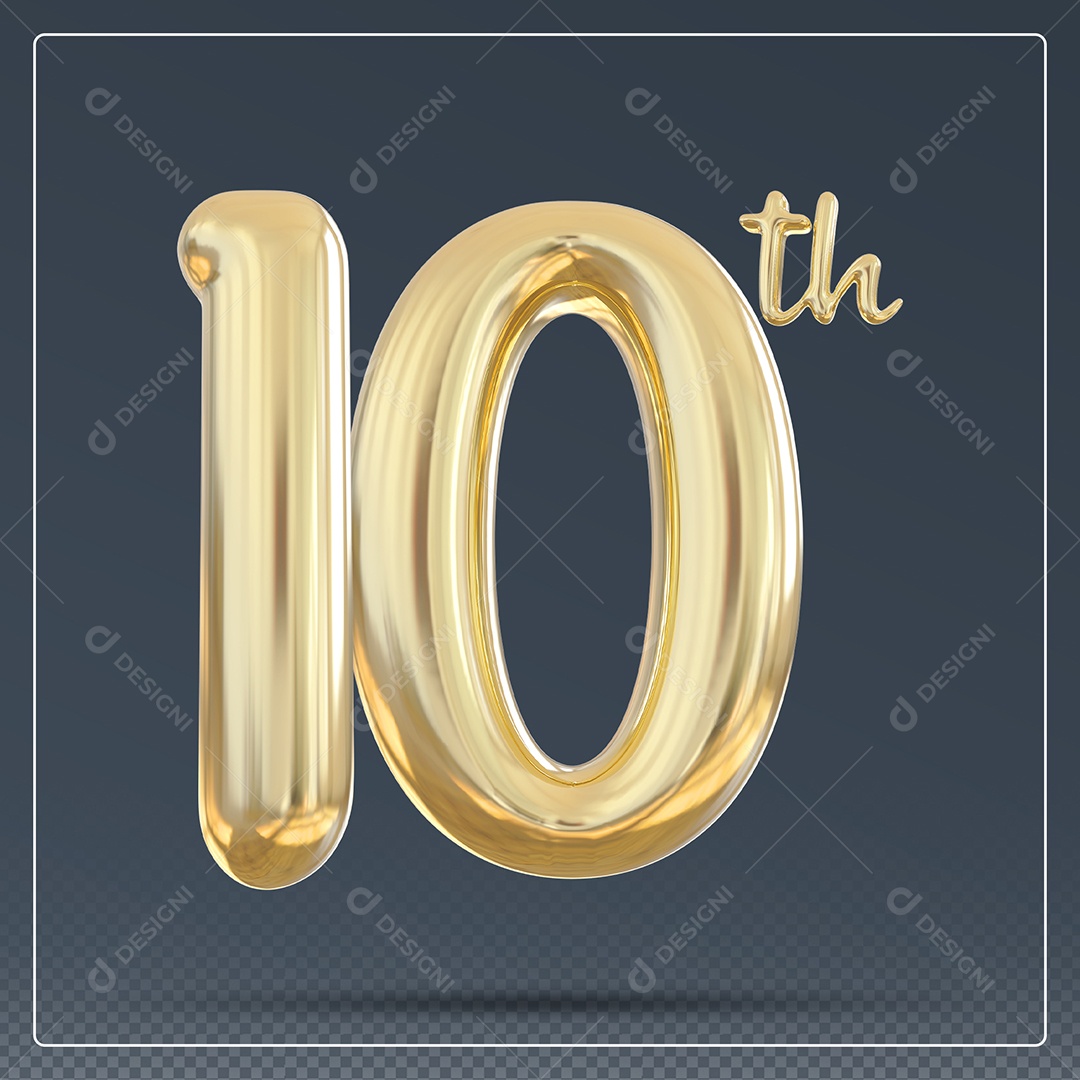 Elemento 3D Número 10 Th Dourado para Composição PSD