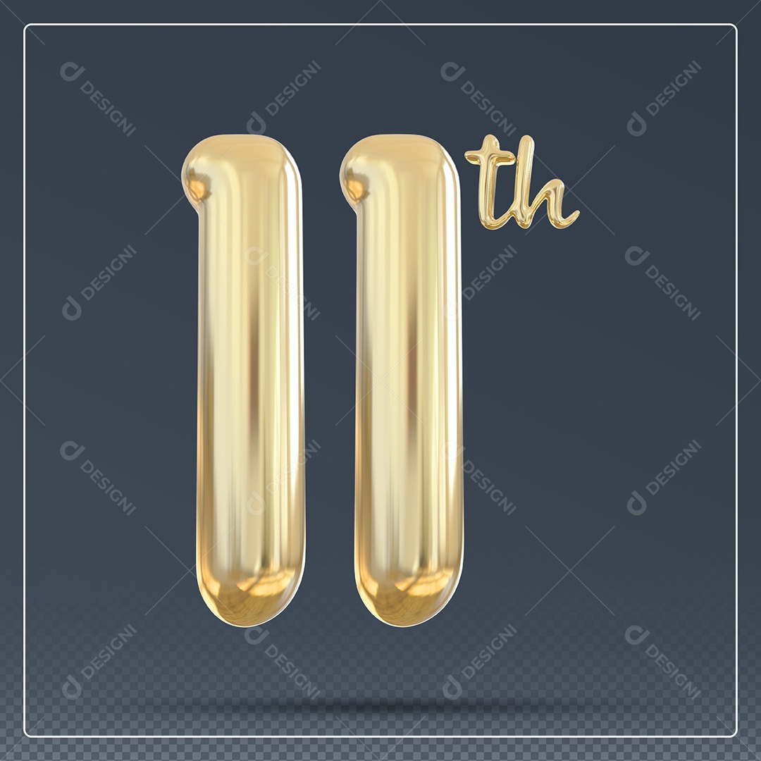 Elemento 3D Número 11 Th Dourado para Composição PSD