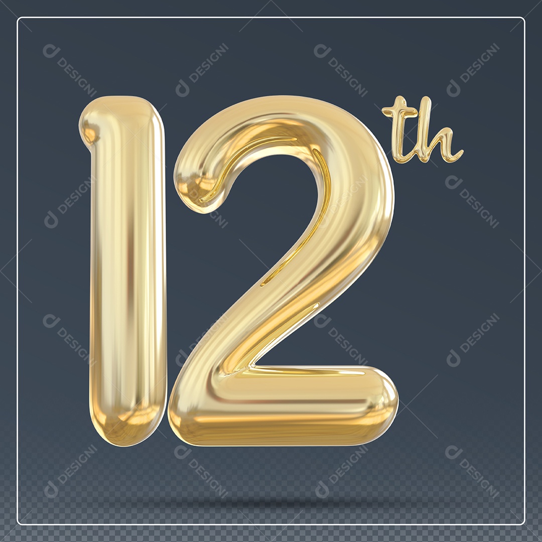 Elemento 3D Número 12 Th Dourado para Composição PSD