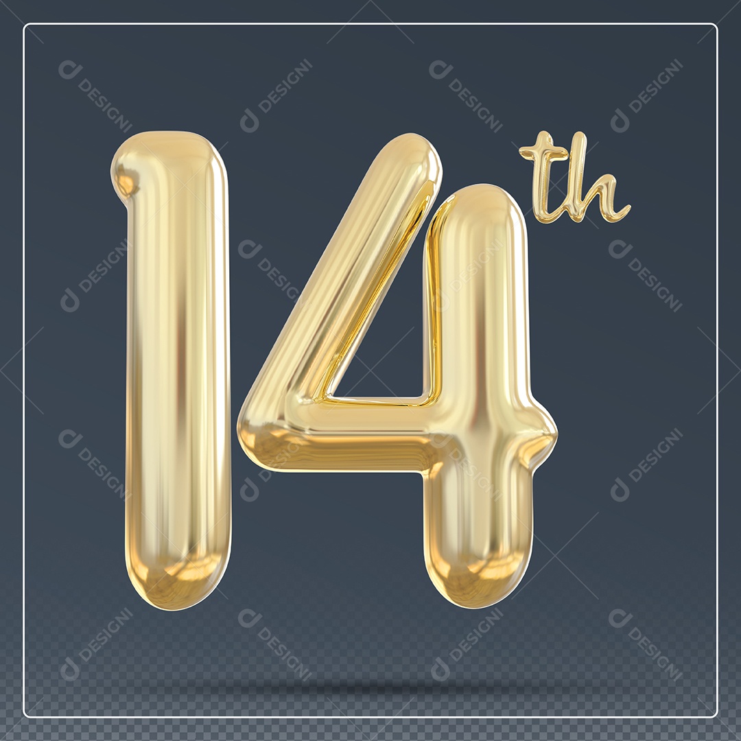 Elemento 3D Número 14 Th Dourado para Composição PSD