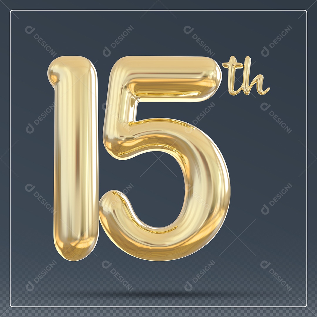 Elemento 3D Número 15 Th Dourado para Composição PSD