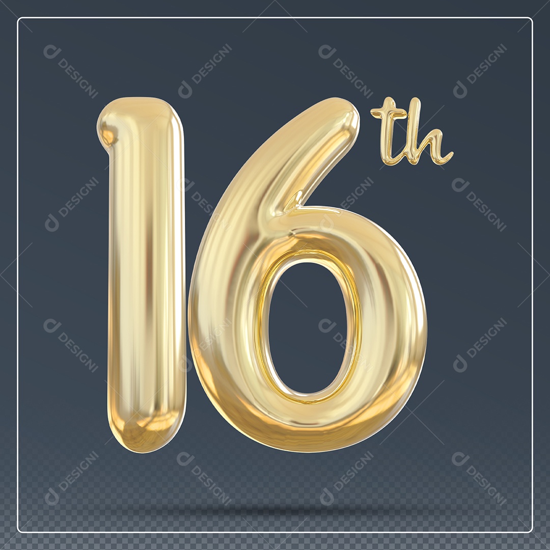 Elemento 3D Número 16 Th Dourado para Composição PSD
