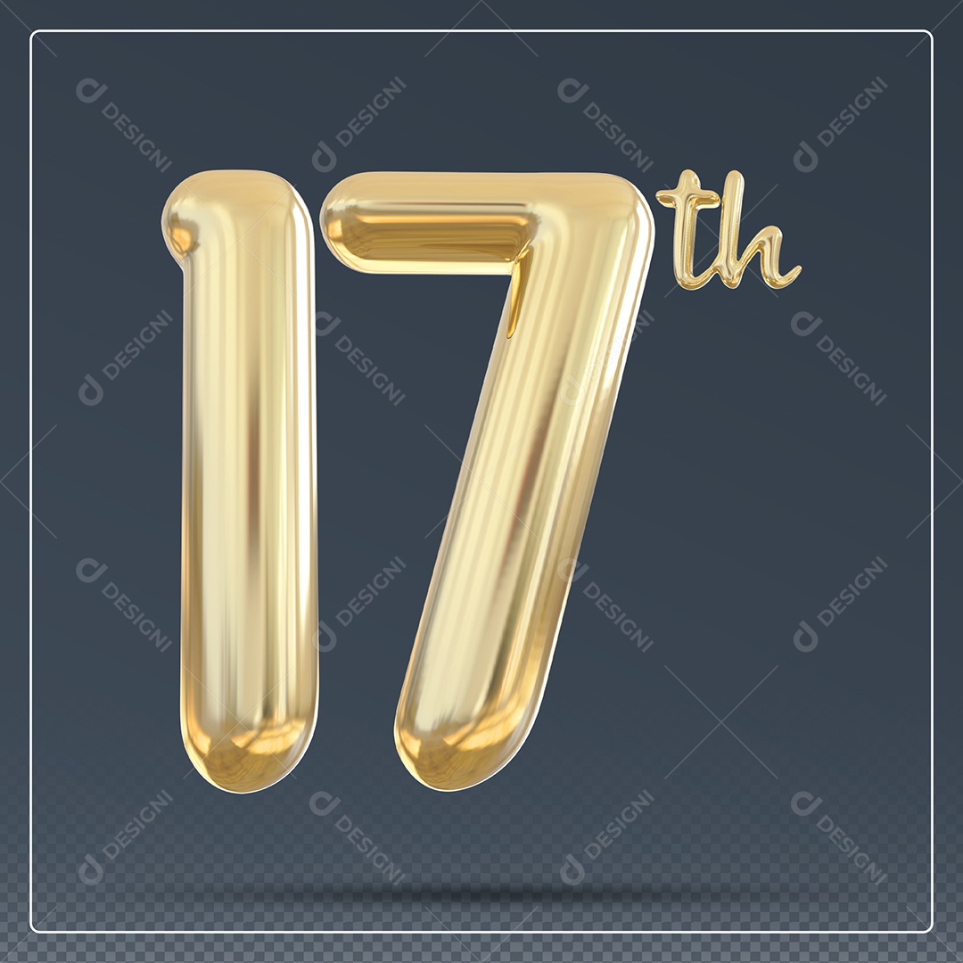 Elemento 3D Número 17 Th Dourado para Composição PSD