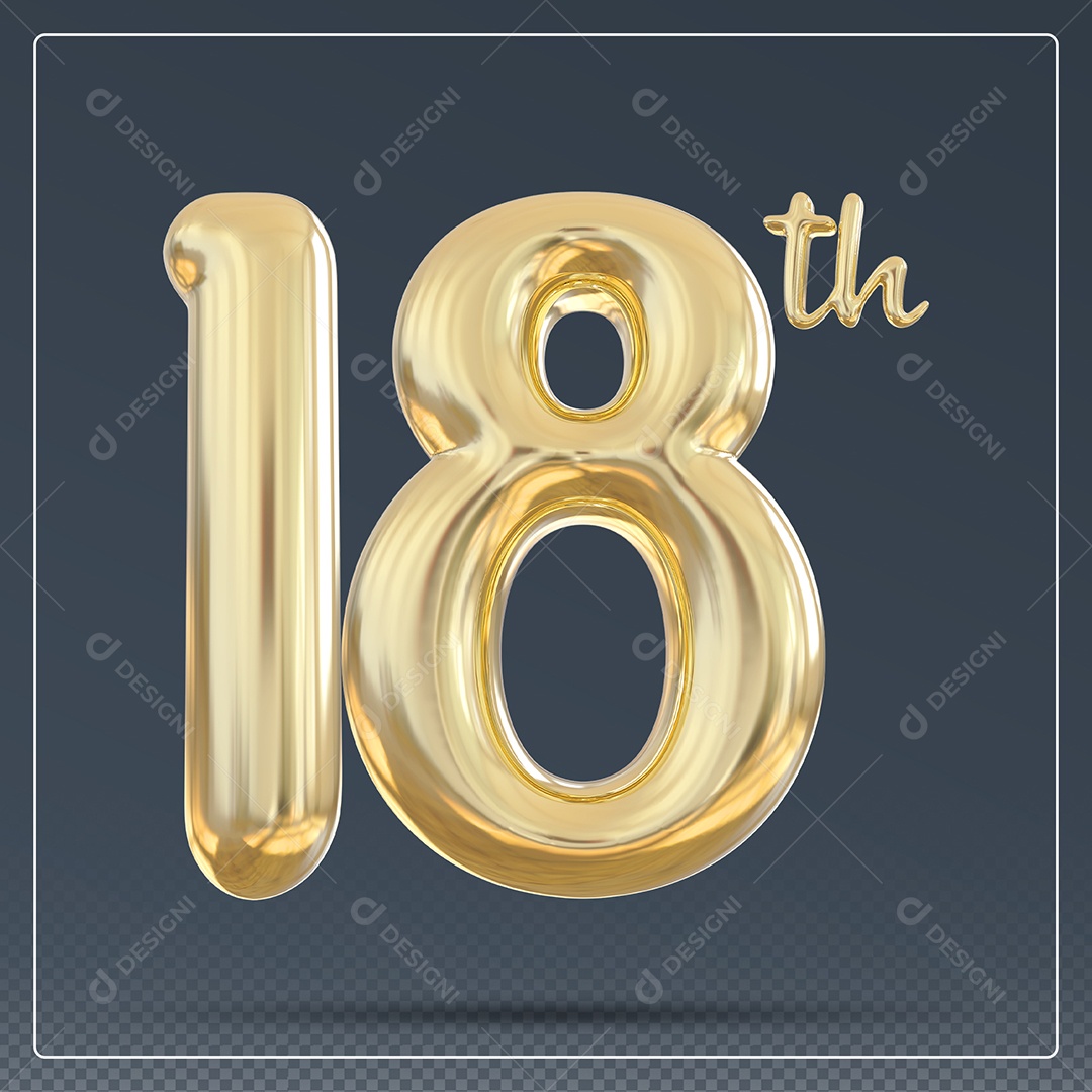 Elemento 3D Número 18 Th Dourado para Composição PSD