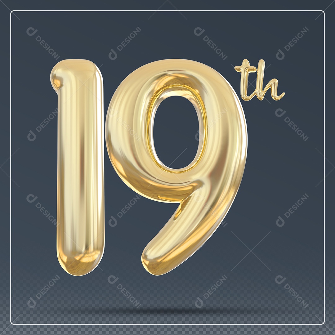 Elemento 3D Número 19 Th Dourado para Composição PSD