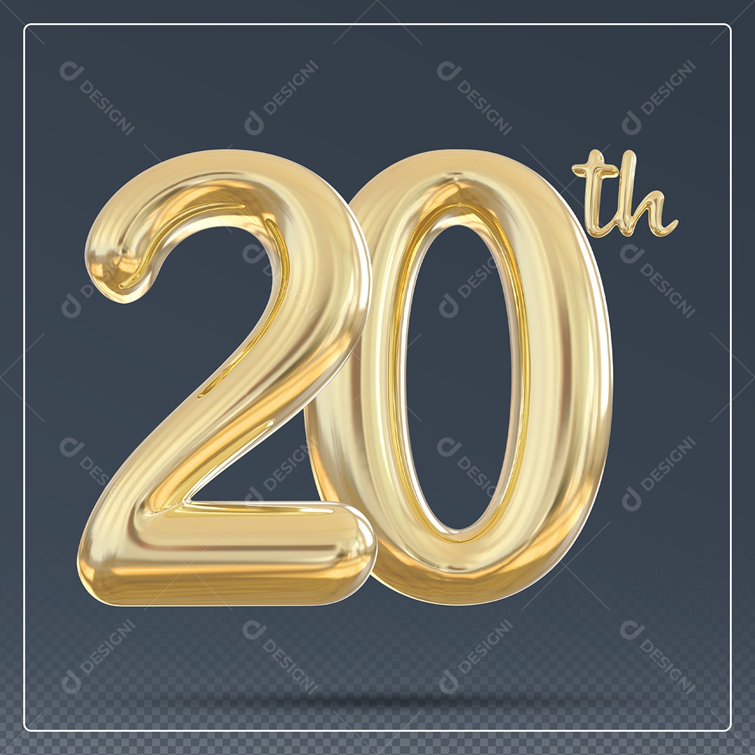 Elemento 3D Número 20 Th Dourado para Composição PSD