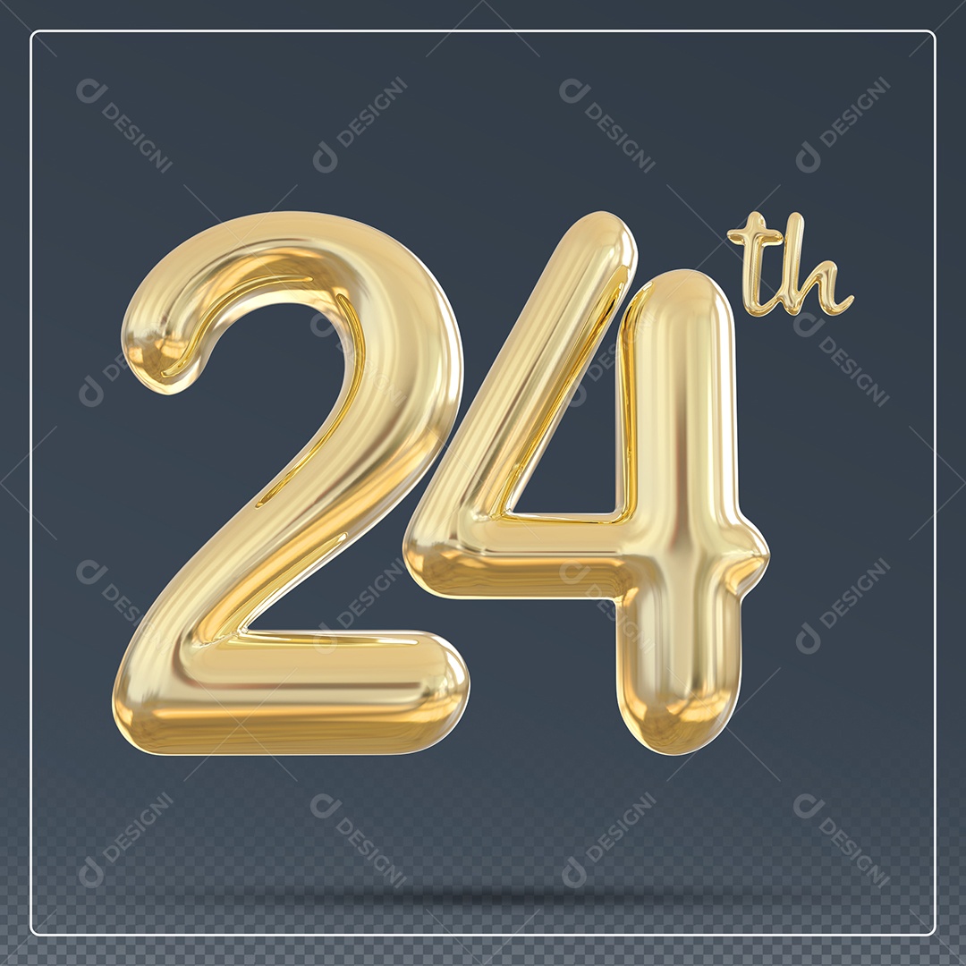 Elemento 3D Número 24 Th Dourado para Composição PSD