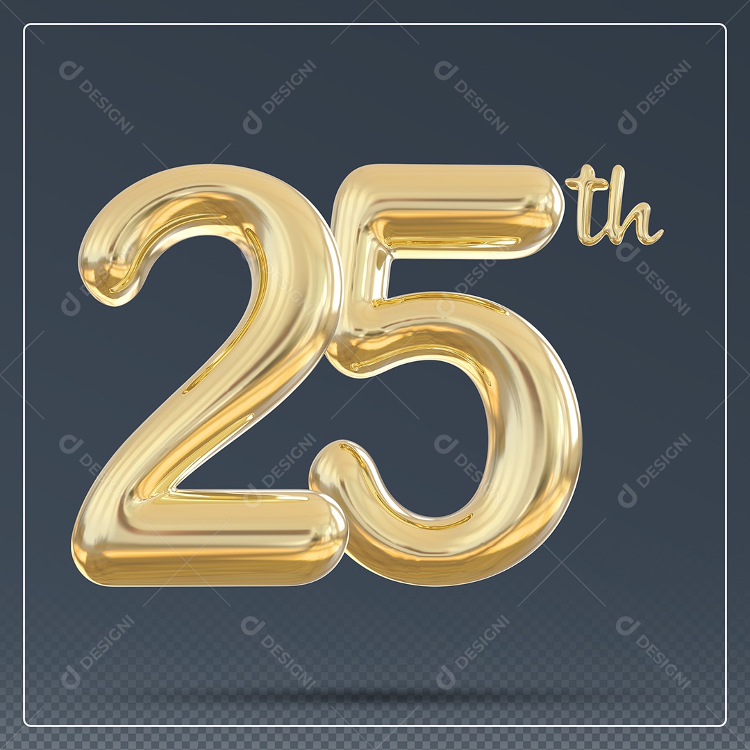 Elemento 3D Número 25 Th Dourado para Composição PSD