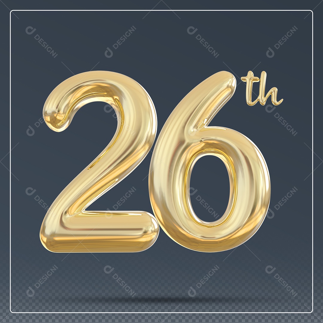 Elemento 3D Número 26 Th Dourado para Composição PSD
