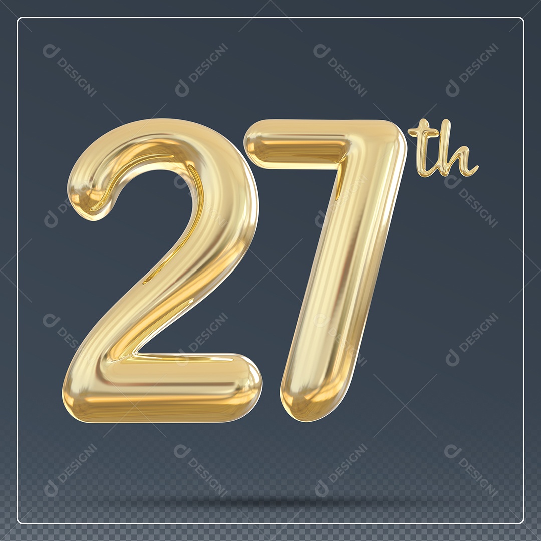 Elemento 3D Número 27 Th Dourado para Composição PSD