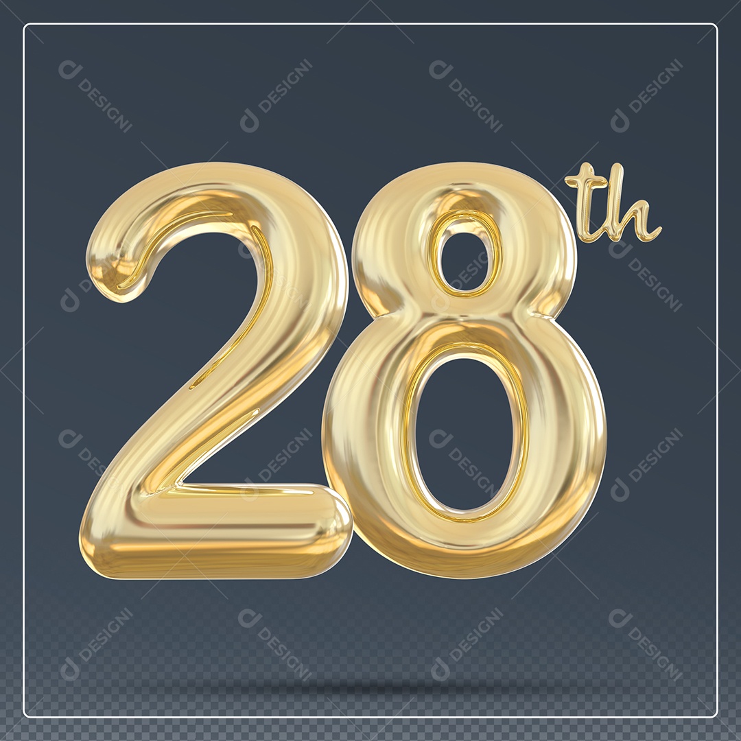 Elemento 3D Número 28 Th Dourado para Composição PSD