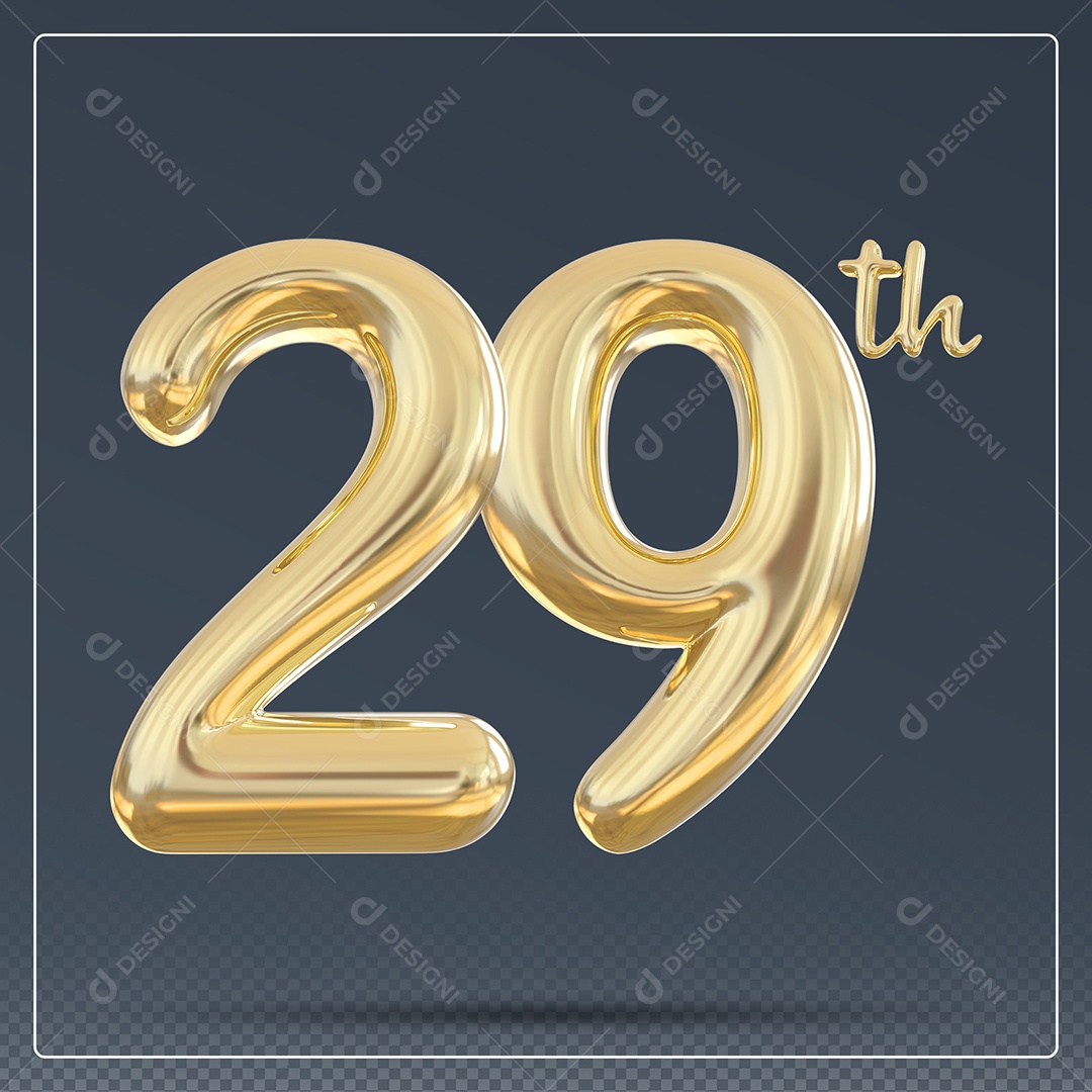 Elemento 3D Número 29 Th Dourado para Composição PSD