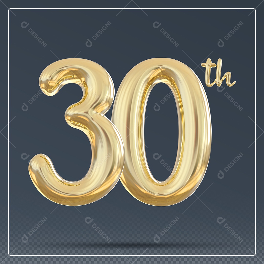 Elemento 3D Número 30 Th Dourado para Composição PSD