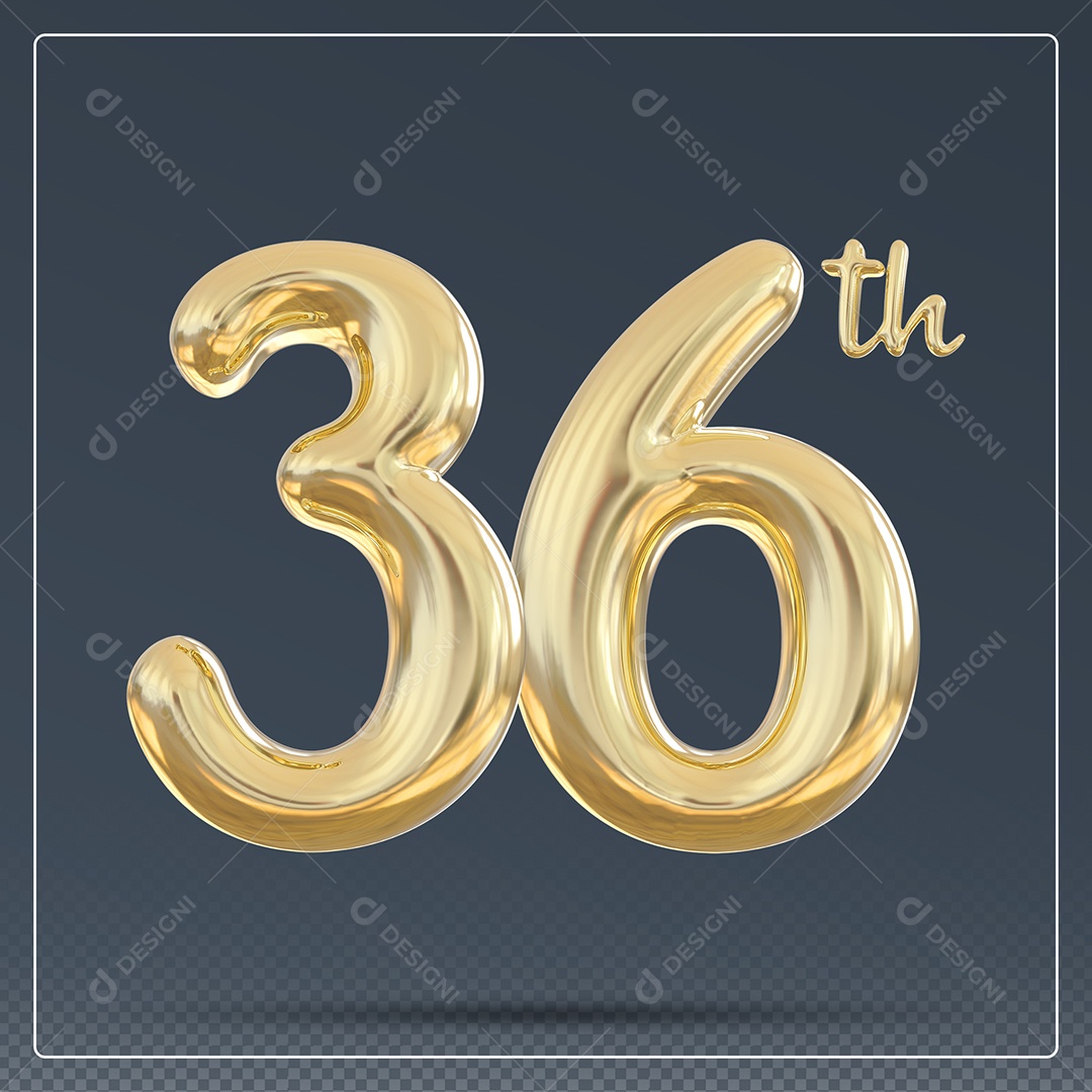Elemento 3D Número 36 Th Dourado para Composição PSD