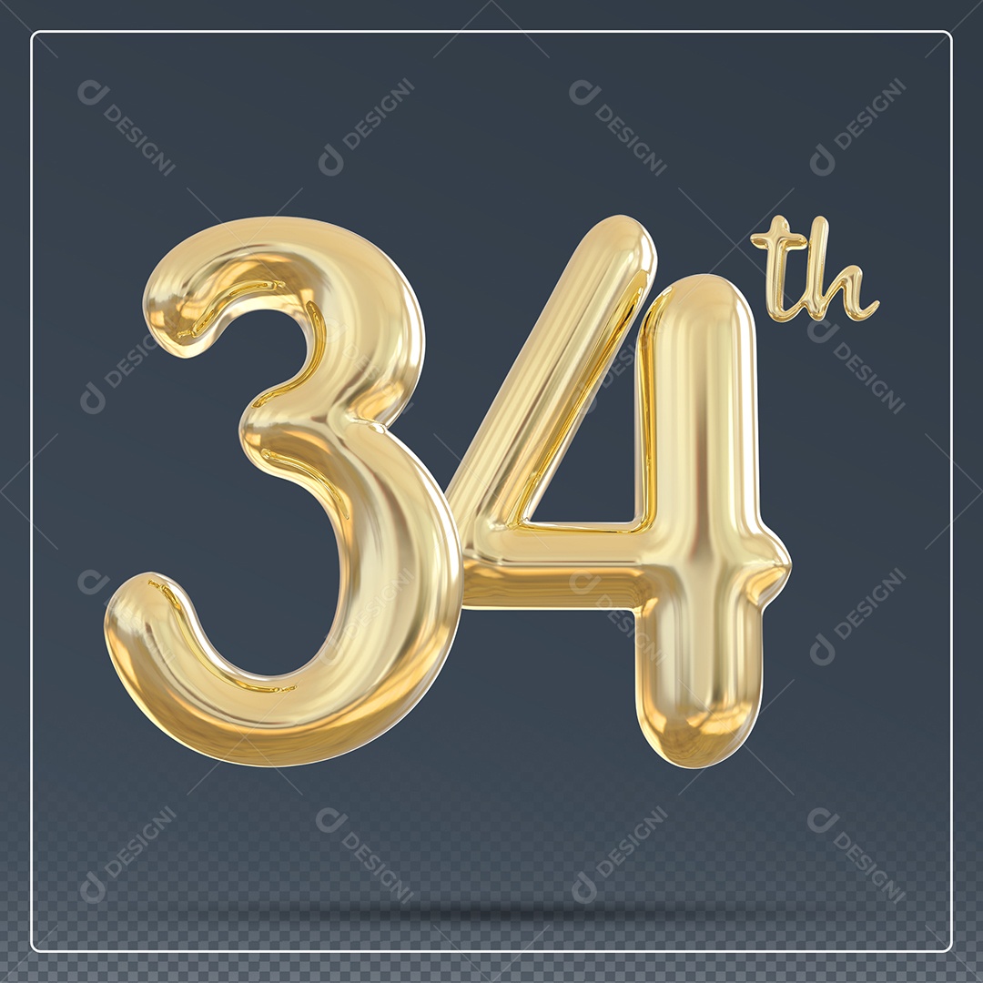 Elemento 3D Número 34 Th Dourado para Composição PSD
