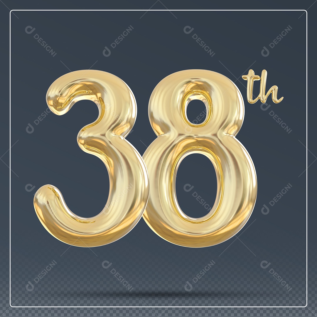 Elemento 3D Número 38 Th Dourado para Composição PSD