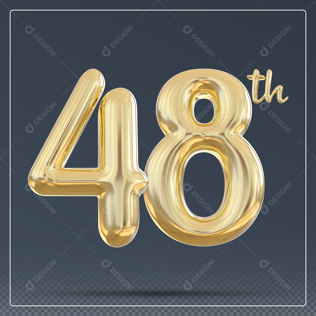Elemento 3D Número 48 Th Dourado para Composição PSD