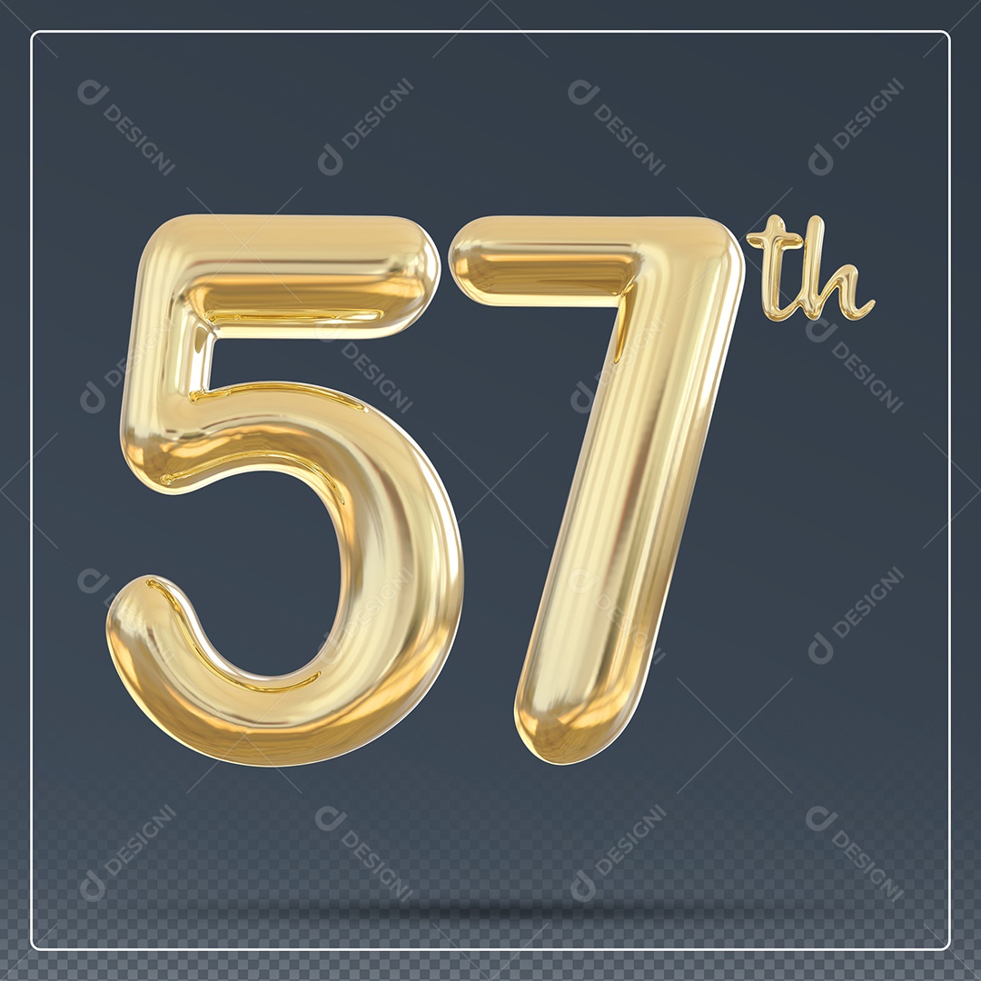 Elemento 3D Número 57 Th Dourado para Composição PSD