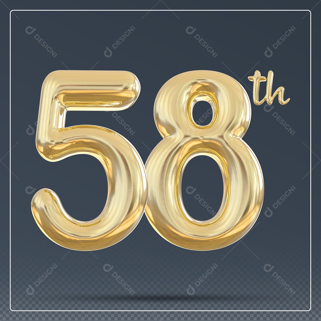 Elemento 3D Número 58 Th Dourado para Composição PSD