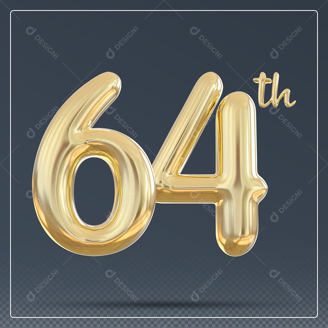 Elemento 3D Número 64 Th Dourado para Composição PSD