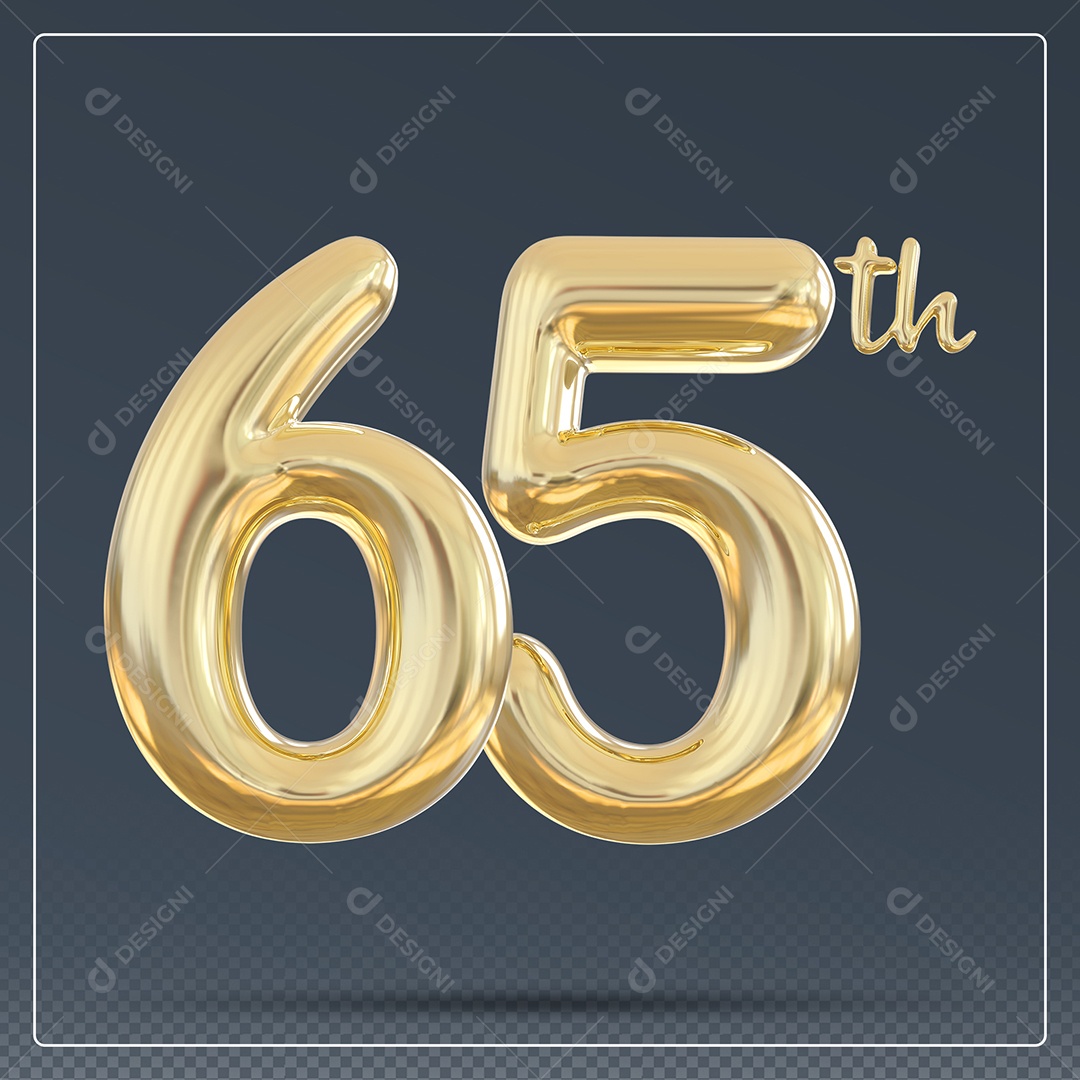 Elemento 3D Número 65 Th Dourado para Composição PSD