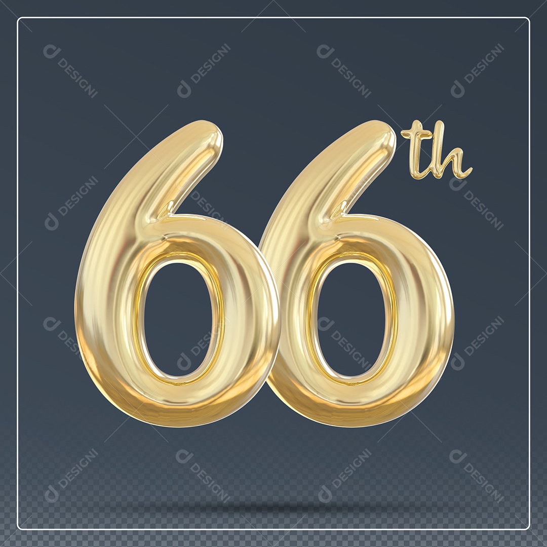Elemento 3D Número 66 Th Dourado para Composição PSD