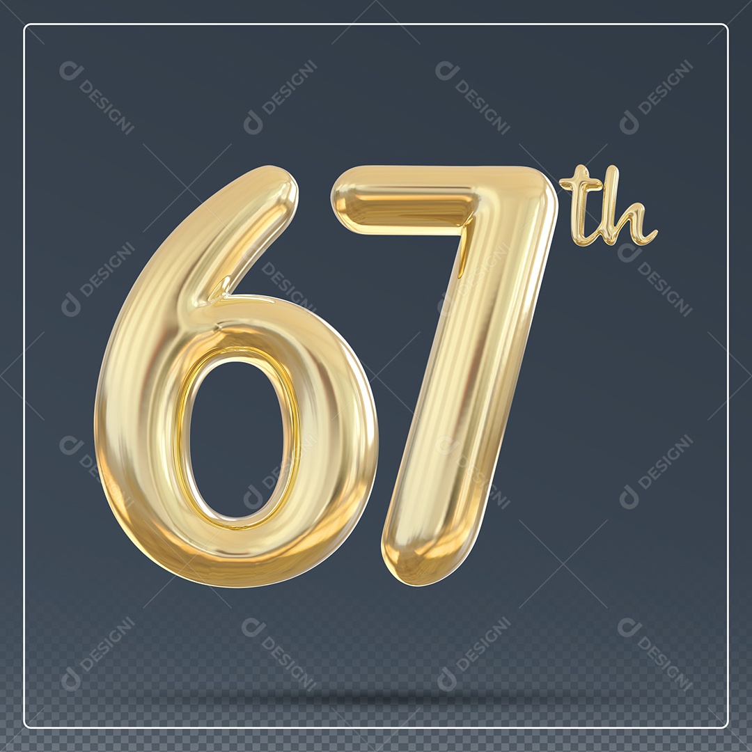 Elemento 3D Número 67 Th Dourado para Composição PSD