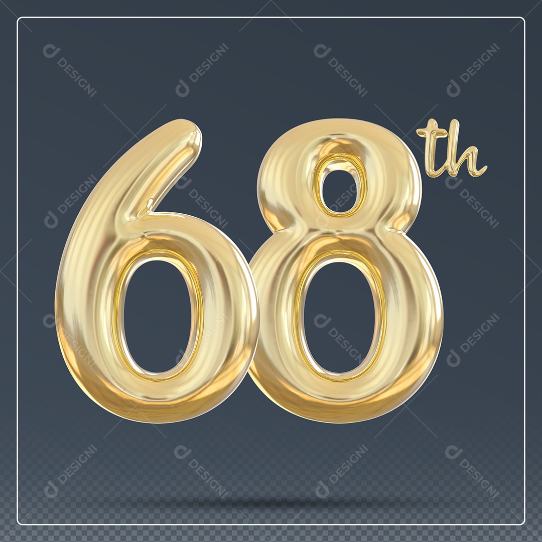 Elemento 3D Número 68 Th Dourado para Composição PSD