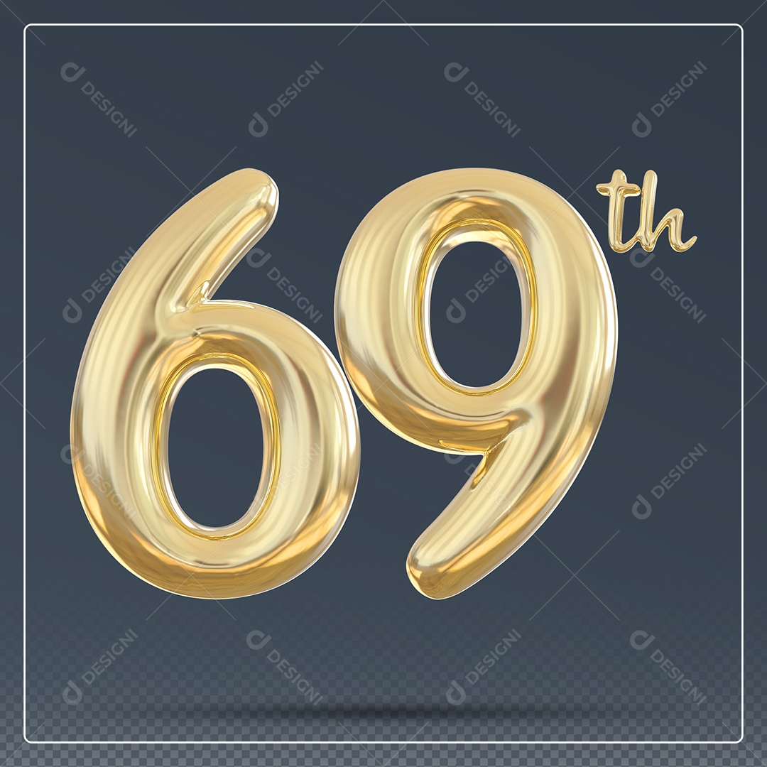 Elemento 3D Número 69 Th Dourado para Composição PSD