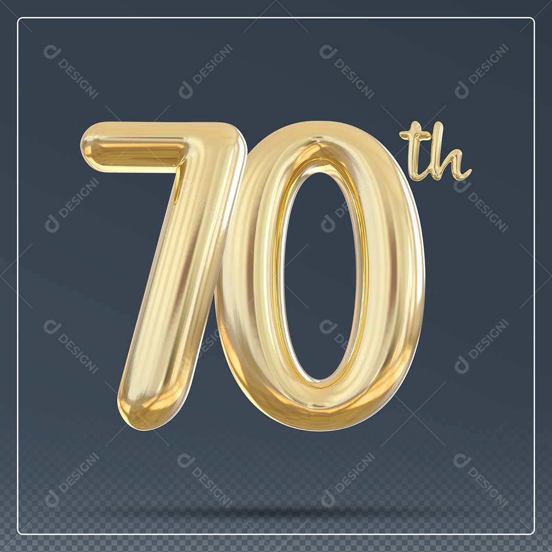 Elemento 3D Número 70 Th Dourado para Composição PSD