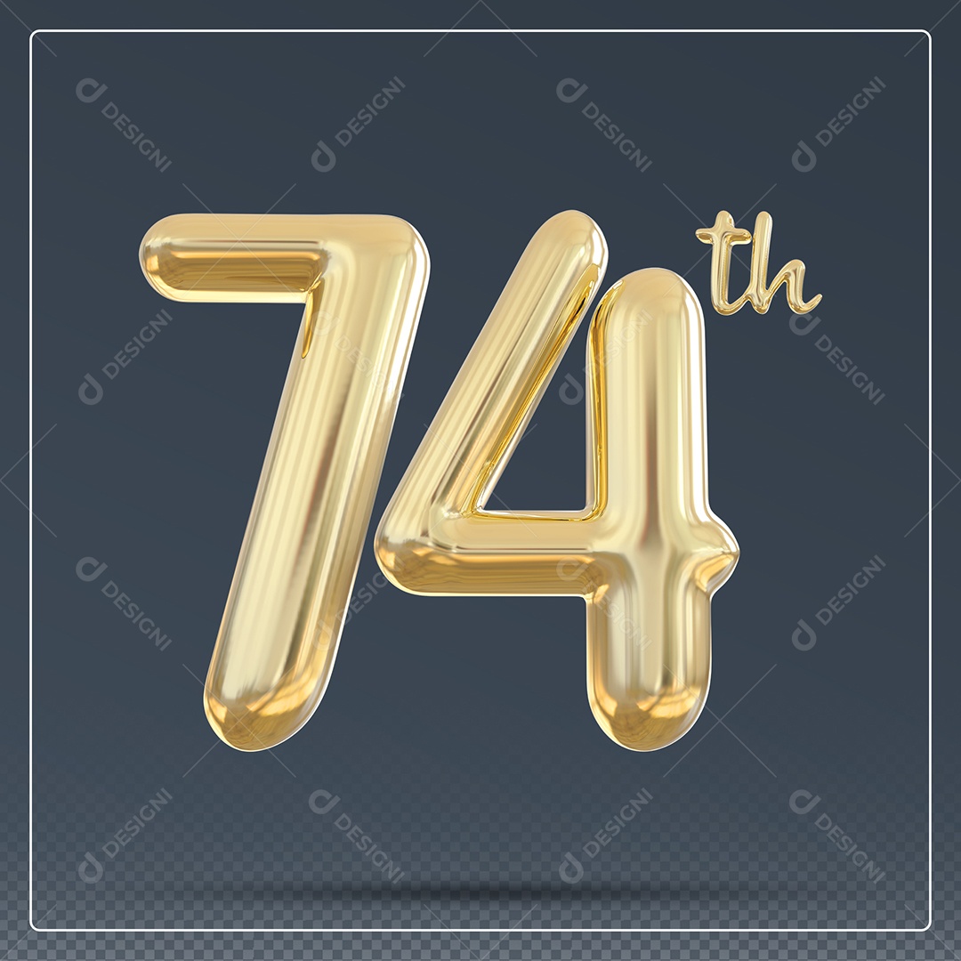 Elemento 3D Número 74 Th Dourado para Composição PSD