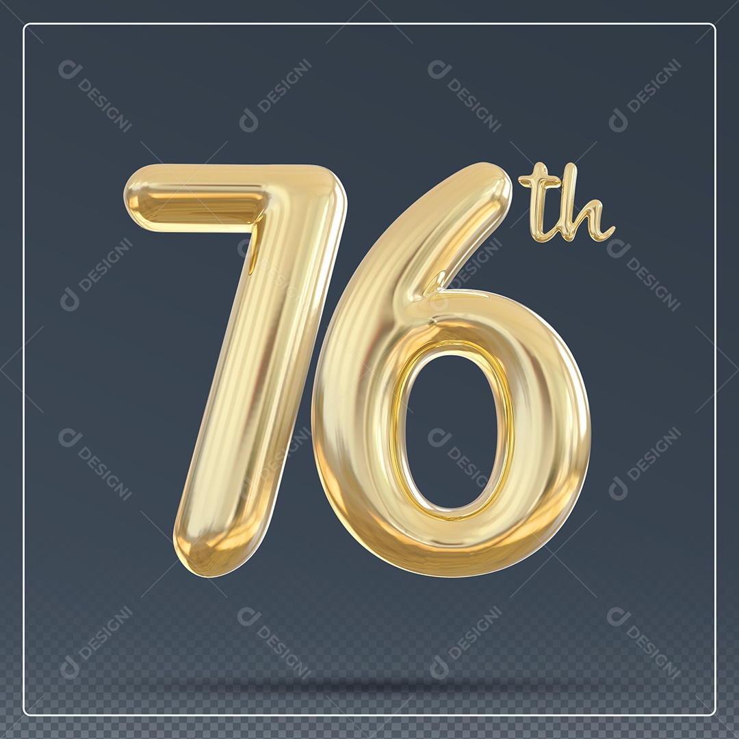 Elemento 3D Número 76 Th Dourado para Composição PSD