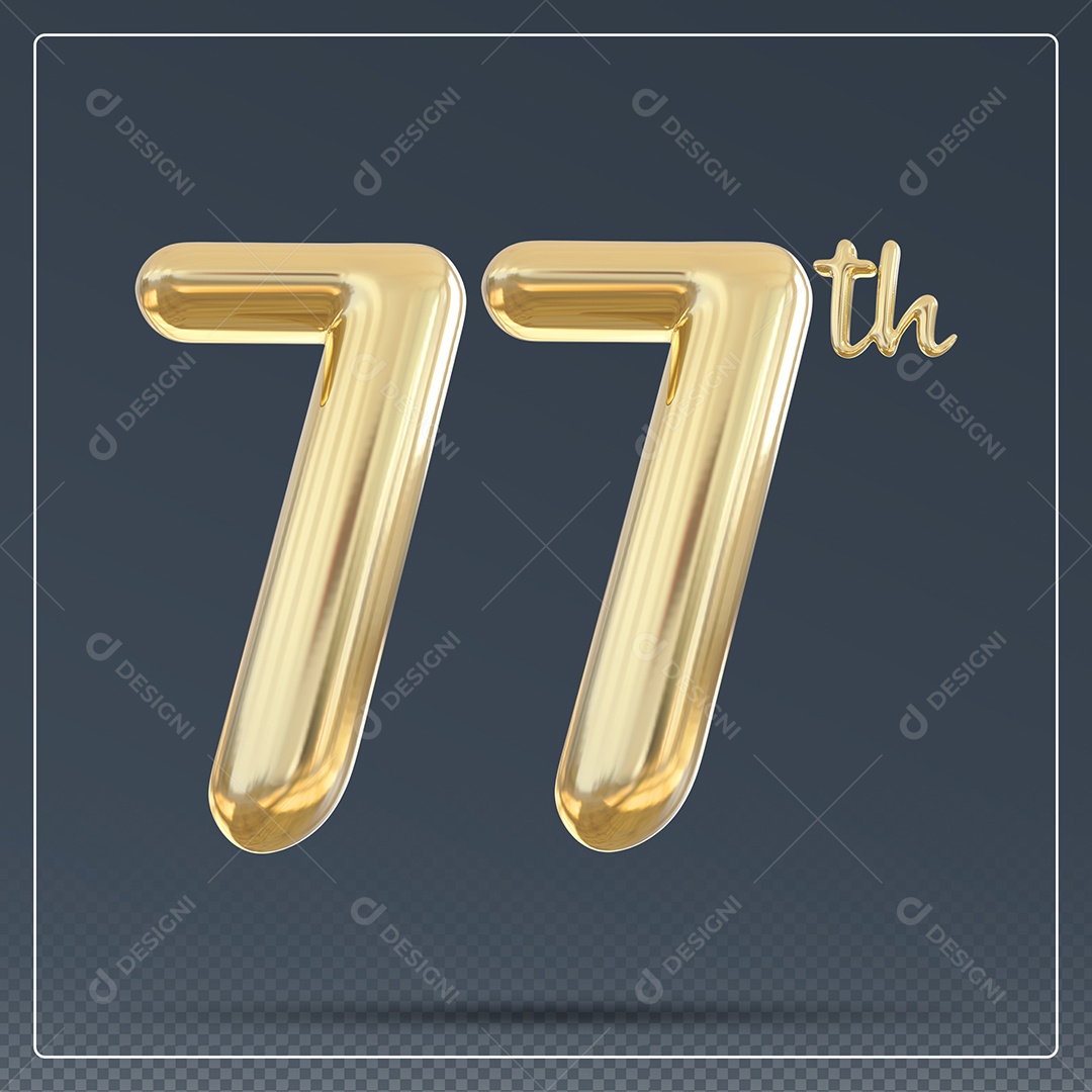 Elemento 3D Número 77 Th Dourado para Composição PSD