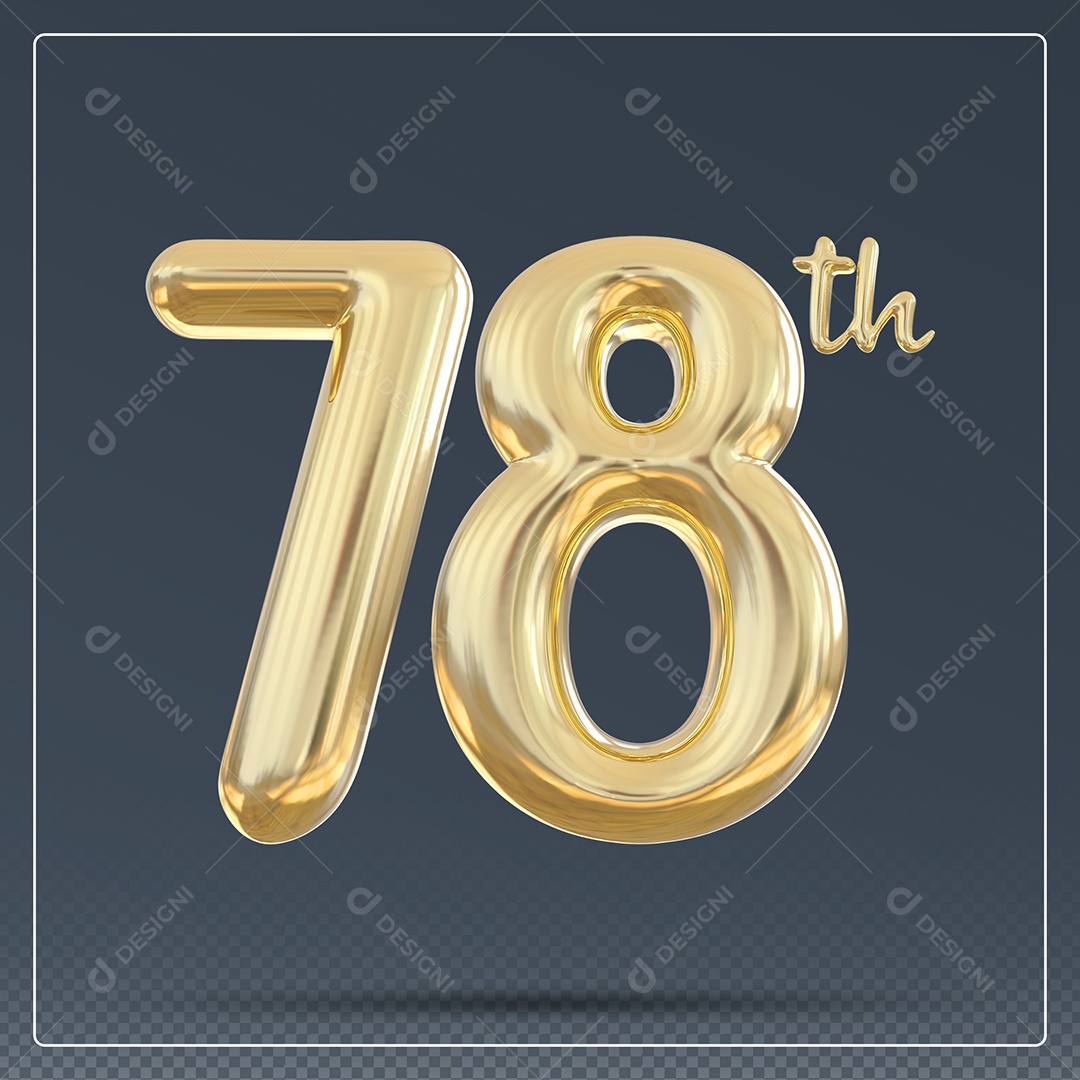Elemento 3D Número 78 Th Dourado para Composição PSD