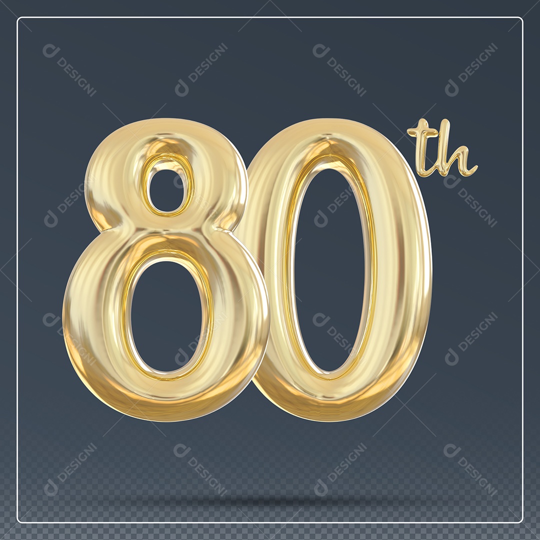Elemento 3D Número 80 Th Dourado para Composição PSD